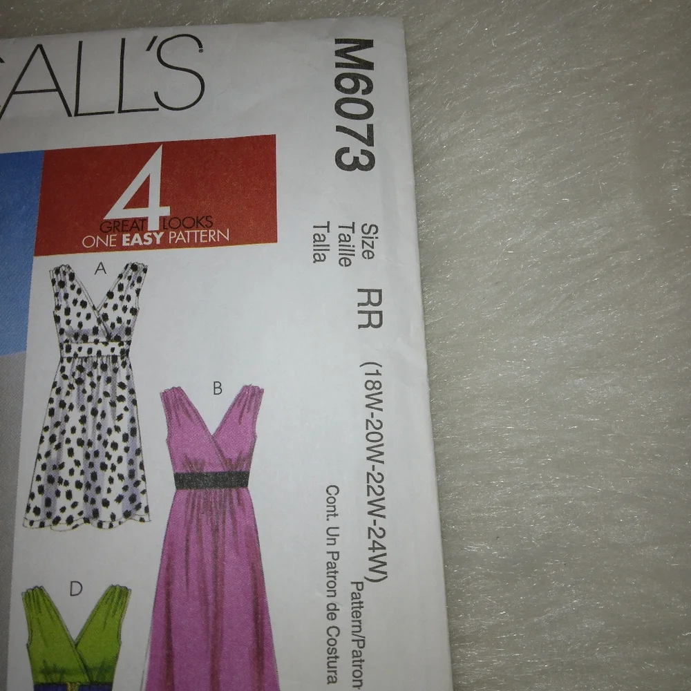 MCCALL'S Sz 18W-24W Misses dress 4 great looks one easy pattern